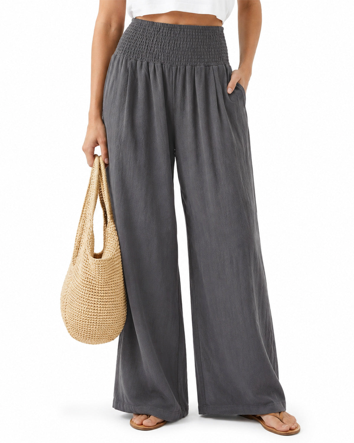 Tall Women's Cotton Smocked Waist Wide Leg Pants