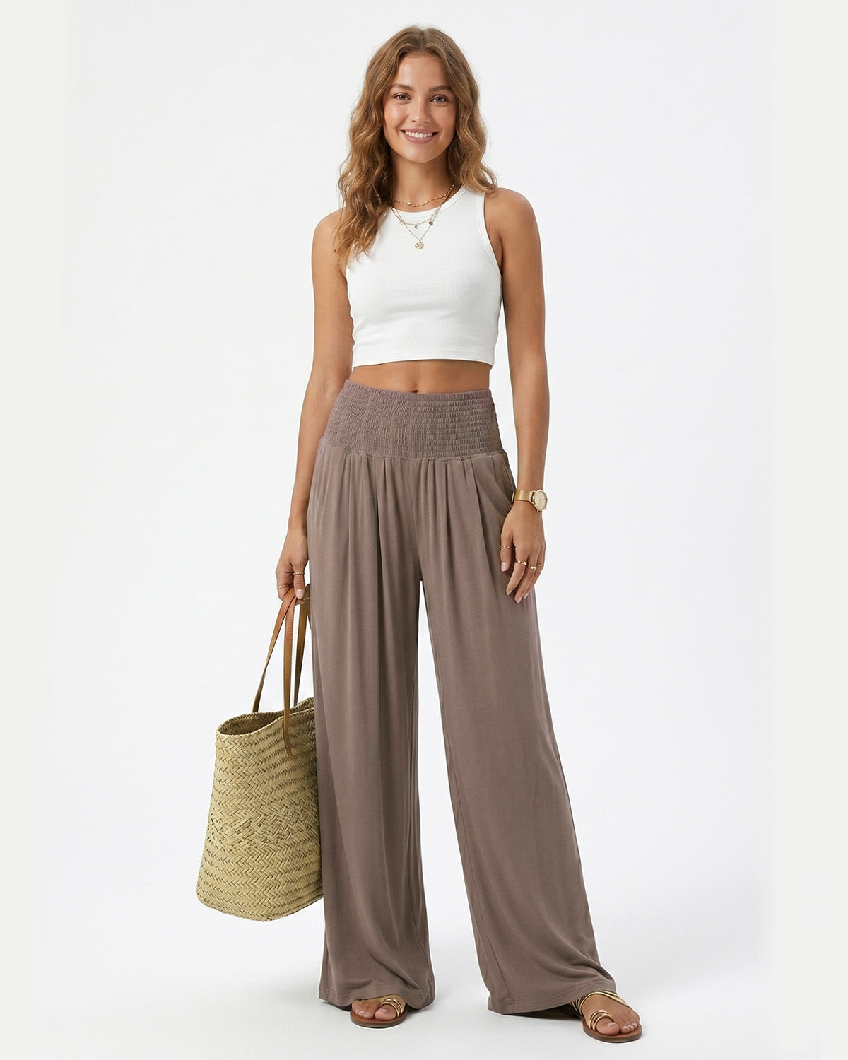 Tall Women's Smocked Waist Wide Leg Pants