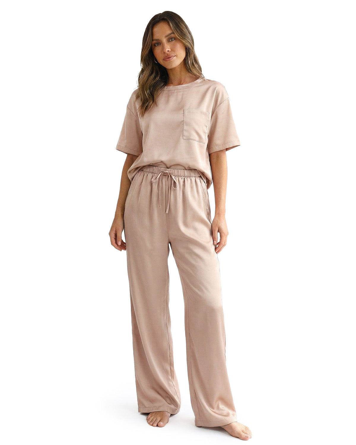 Tall Women's Satin Pajama Set with Short Sleeve Top & Long Pants