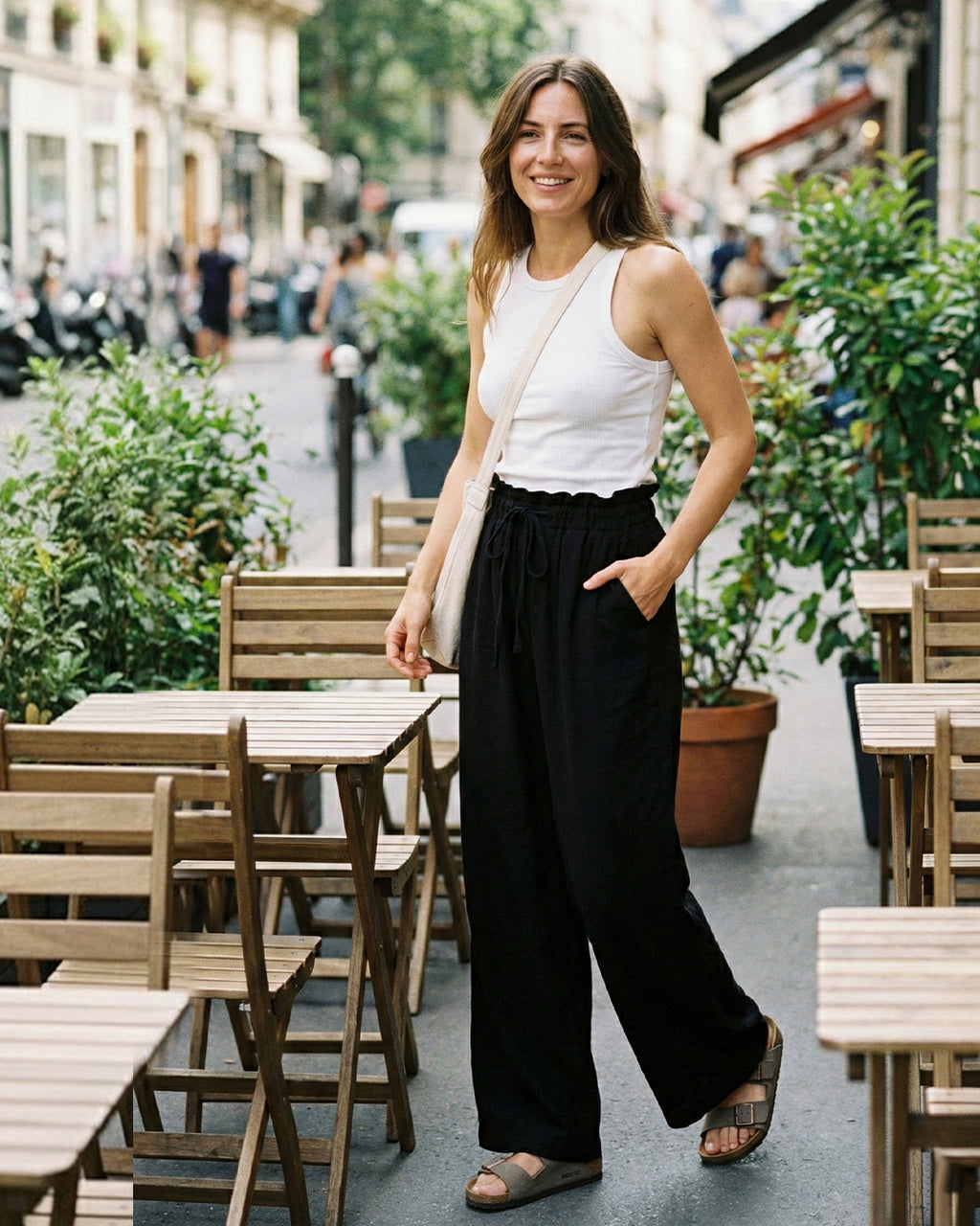Tall Women's Paperbag Waist Linen Wide Leg Pants