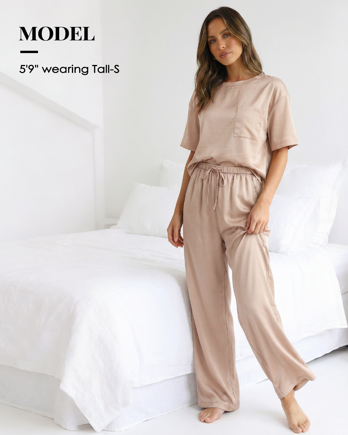 Tall Women's Satin Pajama Set with Short Sleeve Top & Long Pants