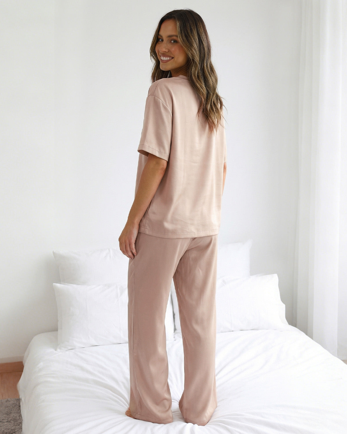 Tall Women's Satin Pajama Set with Short Sleeve Top & Long Pants