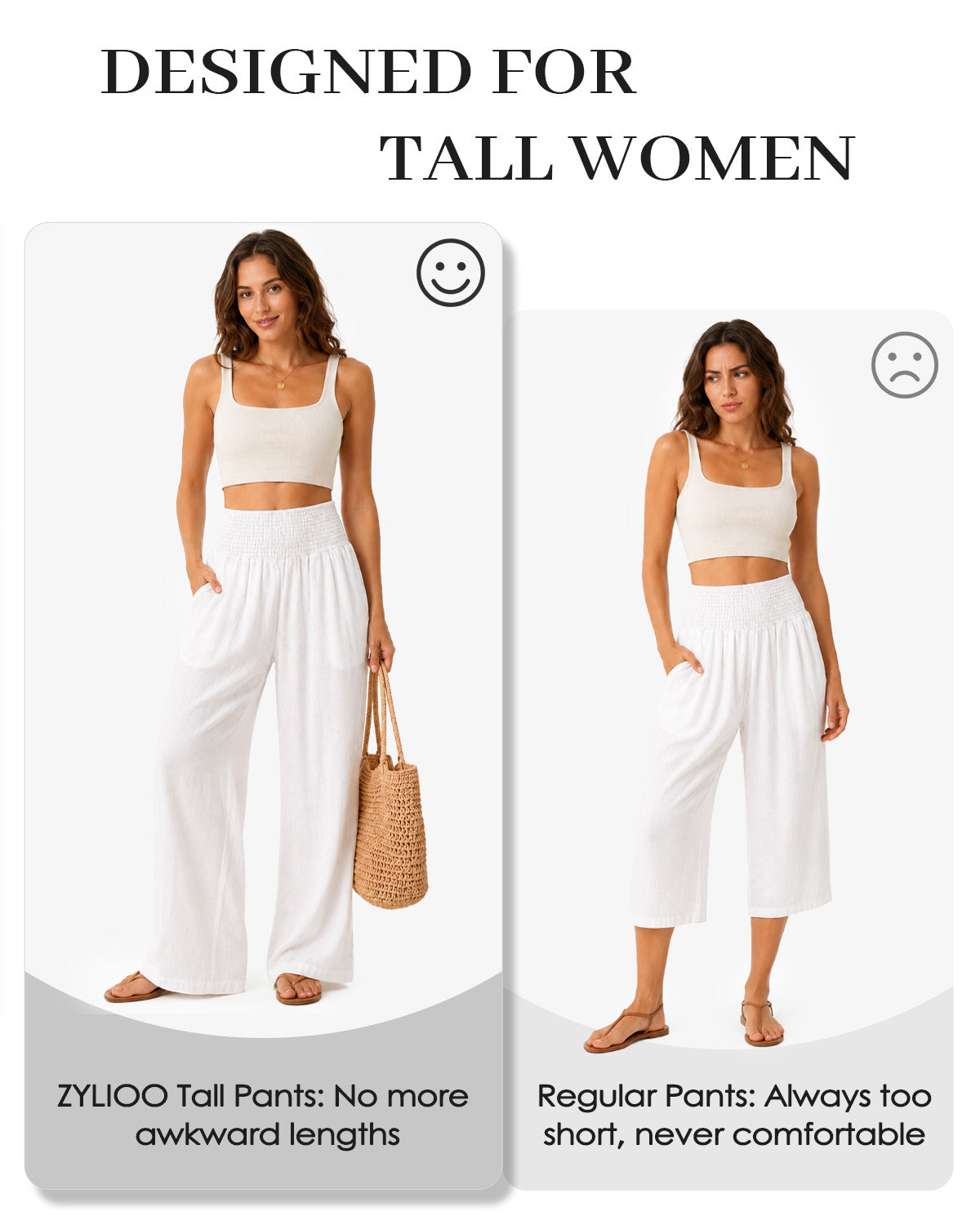 Tall Women's Cotton Smocked Waist Wide Leg Pants