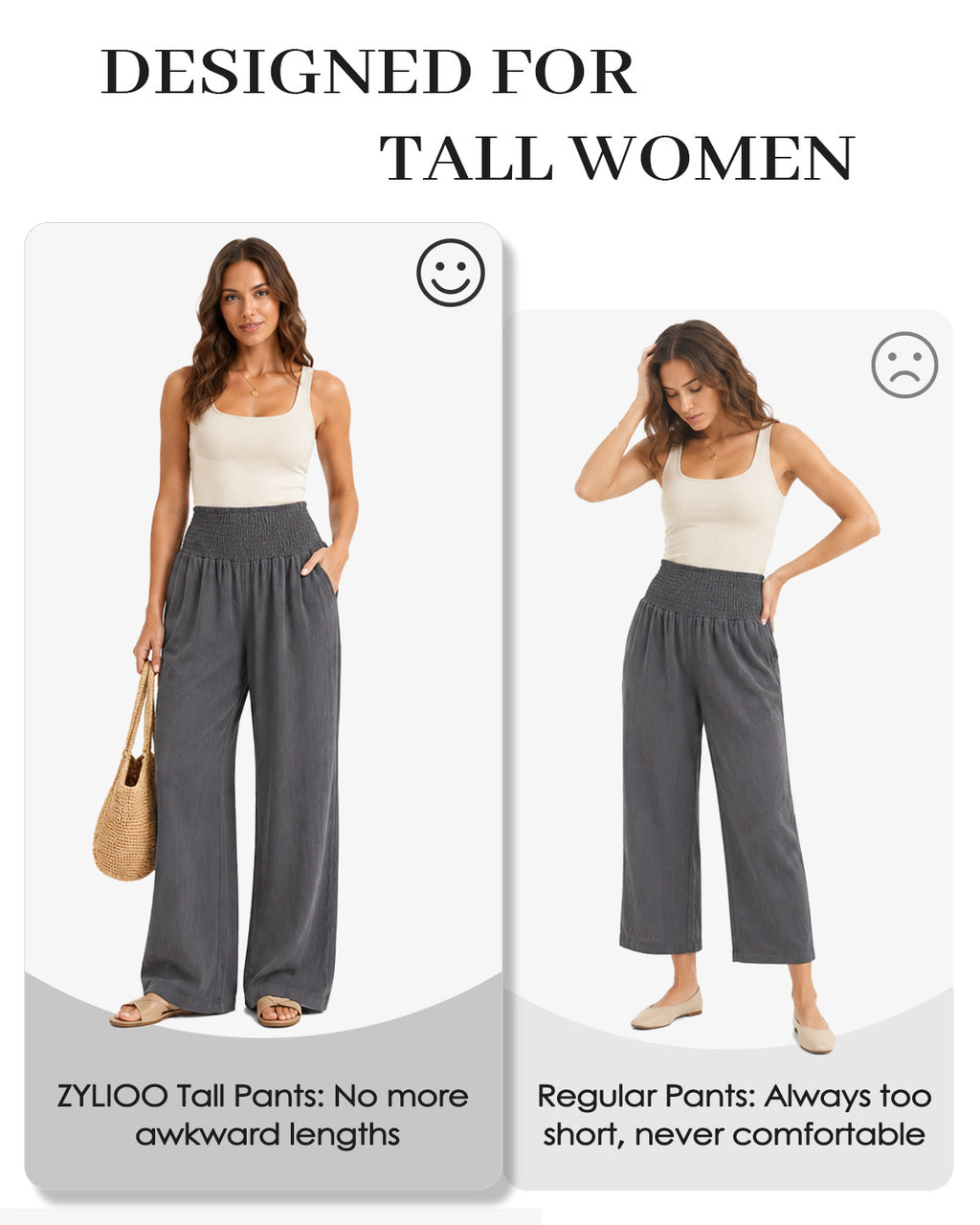 Tall Women's Cotton Smocked Waist Wide Leg Pants