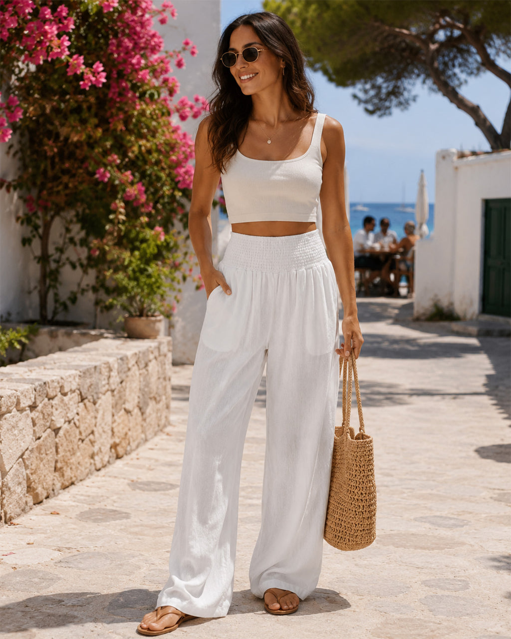 Tall Women's Cotton Smocked Waist Wide Leg Pants