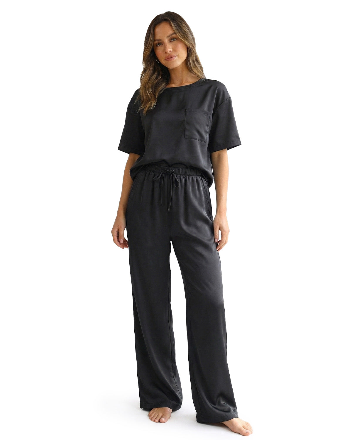Tall Women's Satin Pajama Set with Short Sleeve Top & Long Pants