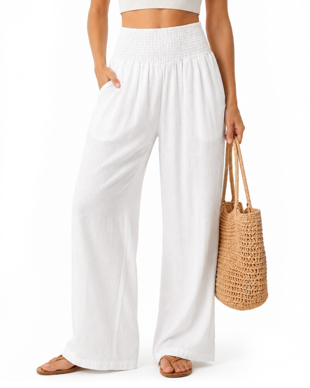 Tall Women's Cotton Smocked Waist Wide Leg Pants