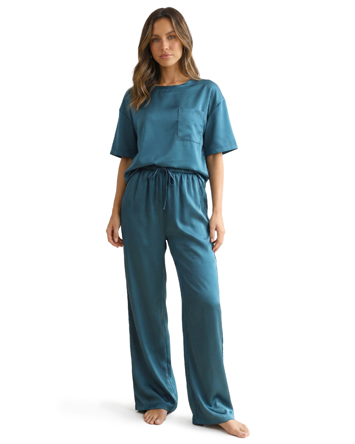 Tall Women's Satin Pajama Set with Short Sleeve Top & Long Pants