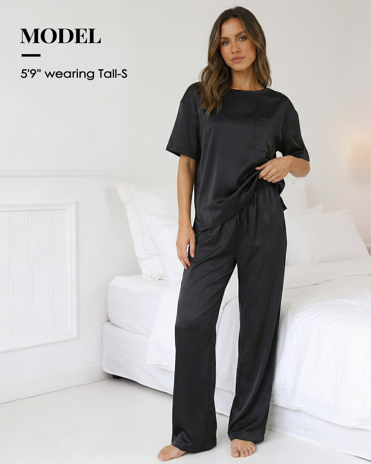 Tall Women's Satin Pajama Set with Short Sleeve Top & Long Pants