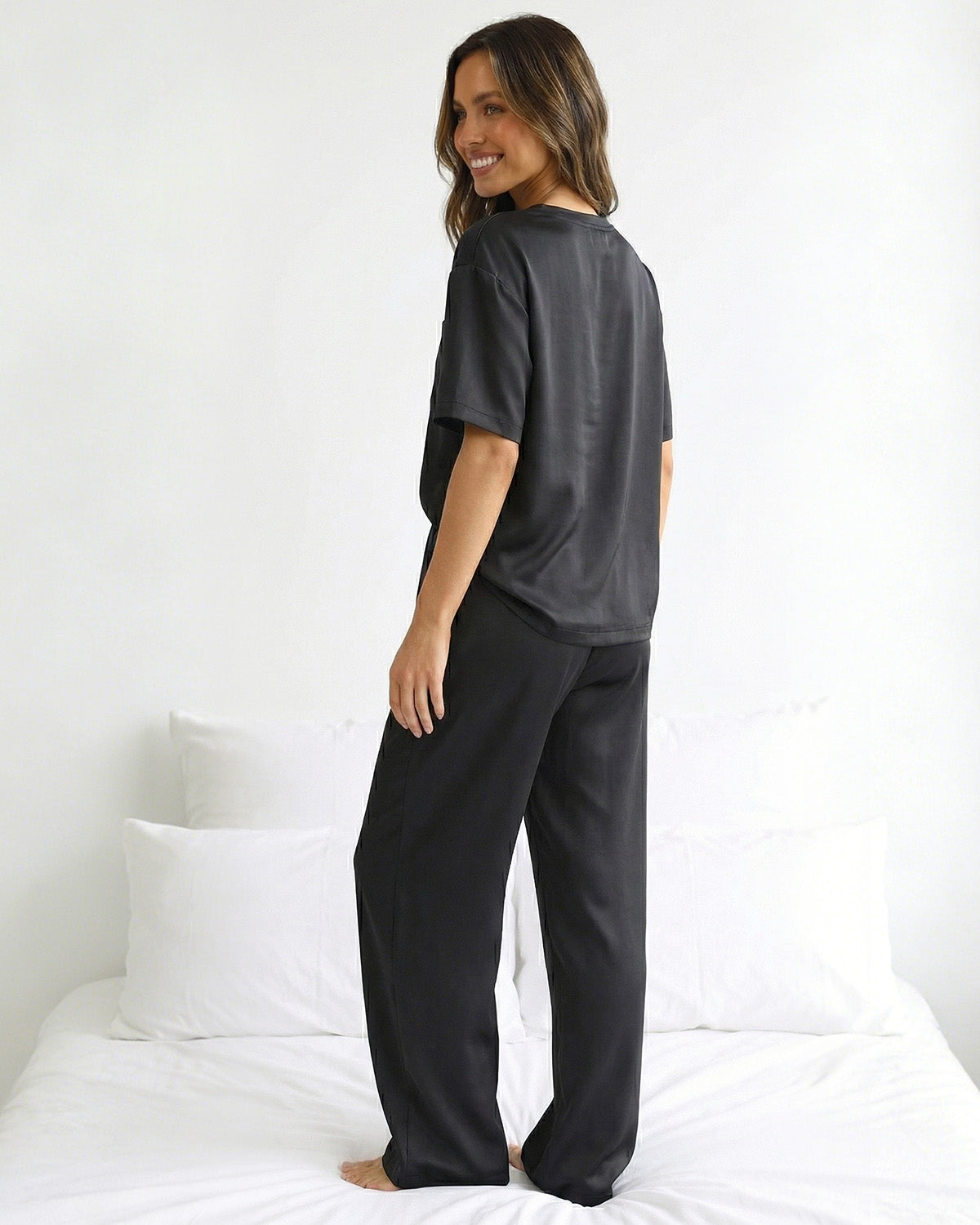 Tall Women's Satin Pajama Set with Short Sleeve Top & Long Pants
