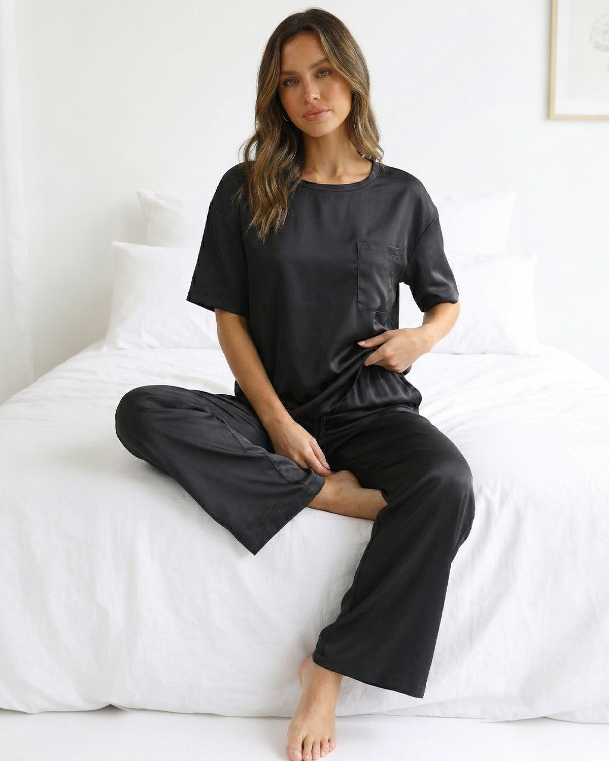 Tall Women's Satin Pajama Set with Short Sleeve Top & Long Pants