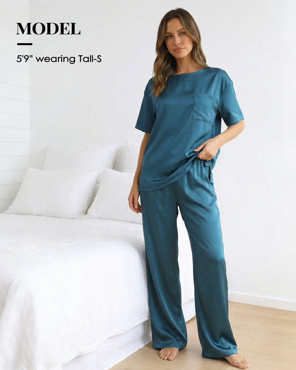 Tall Women's Satin Pajama Set with Short Sleeve Top & Long Pants
