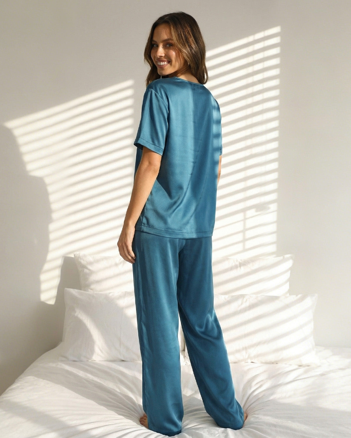 Tall Women's Satin Pajama Set with Short Sleeve Top & Long Pants