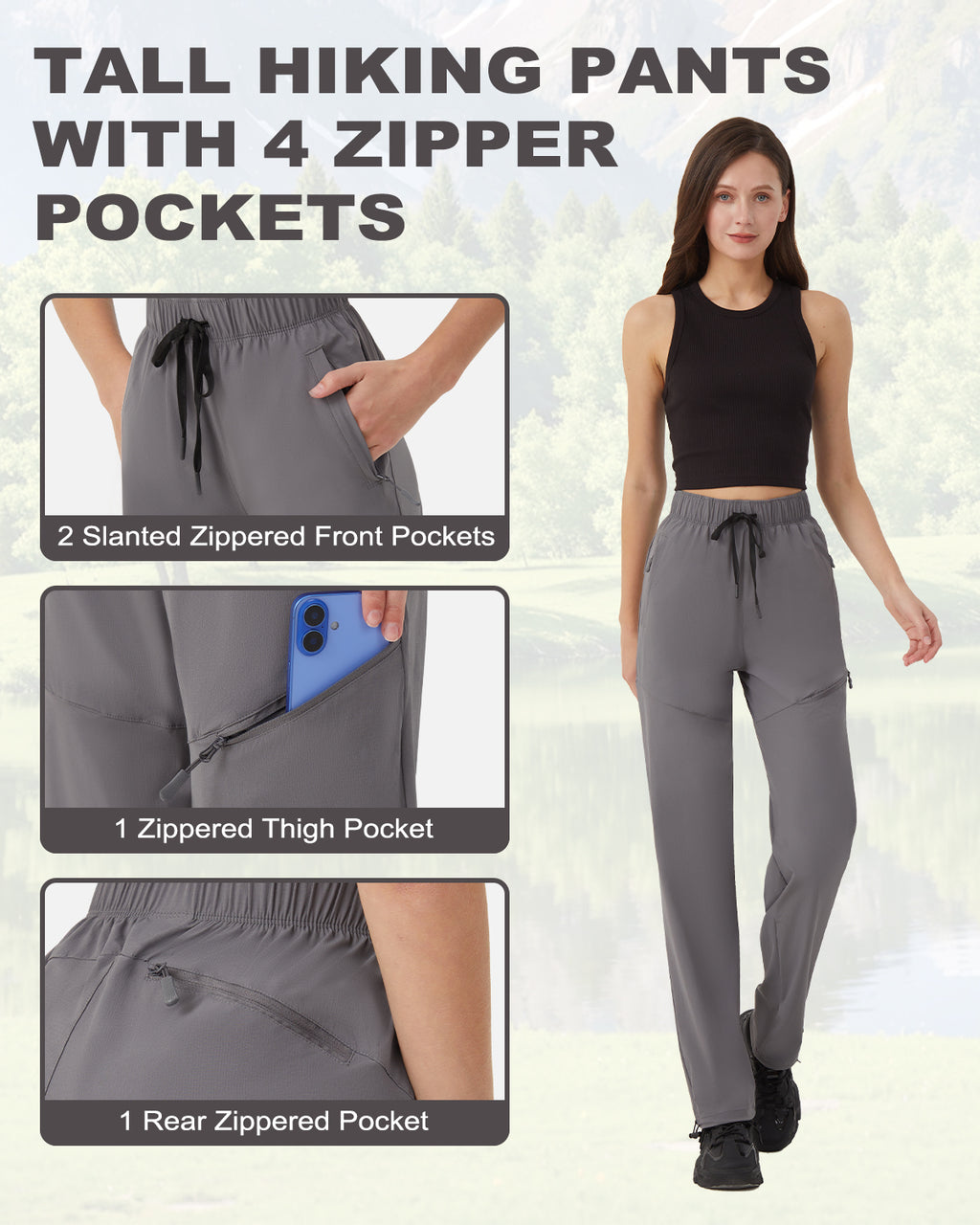 Tall Women's Quick Dry Hiking Pants with Zipper Pockets
