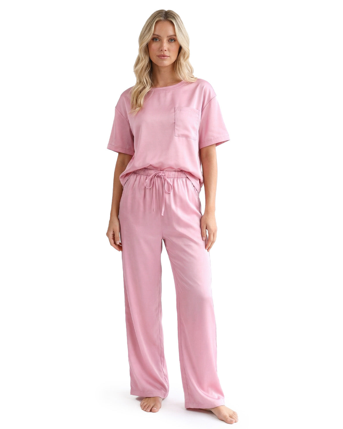 Tall Women's Satin Pajama Set with Short Sleeve Top & Long Pants