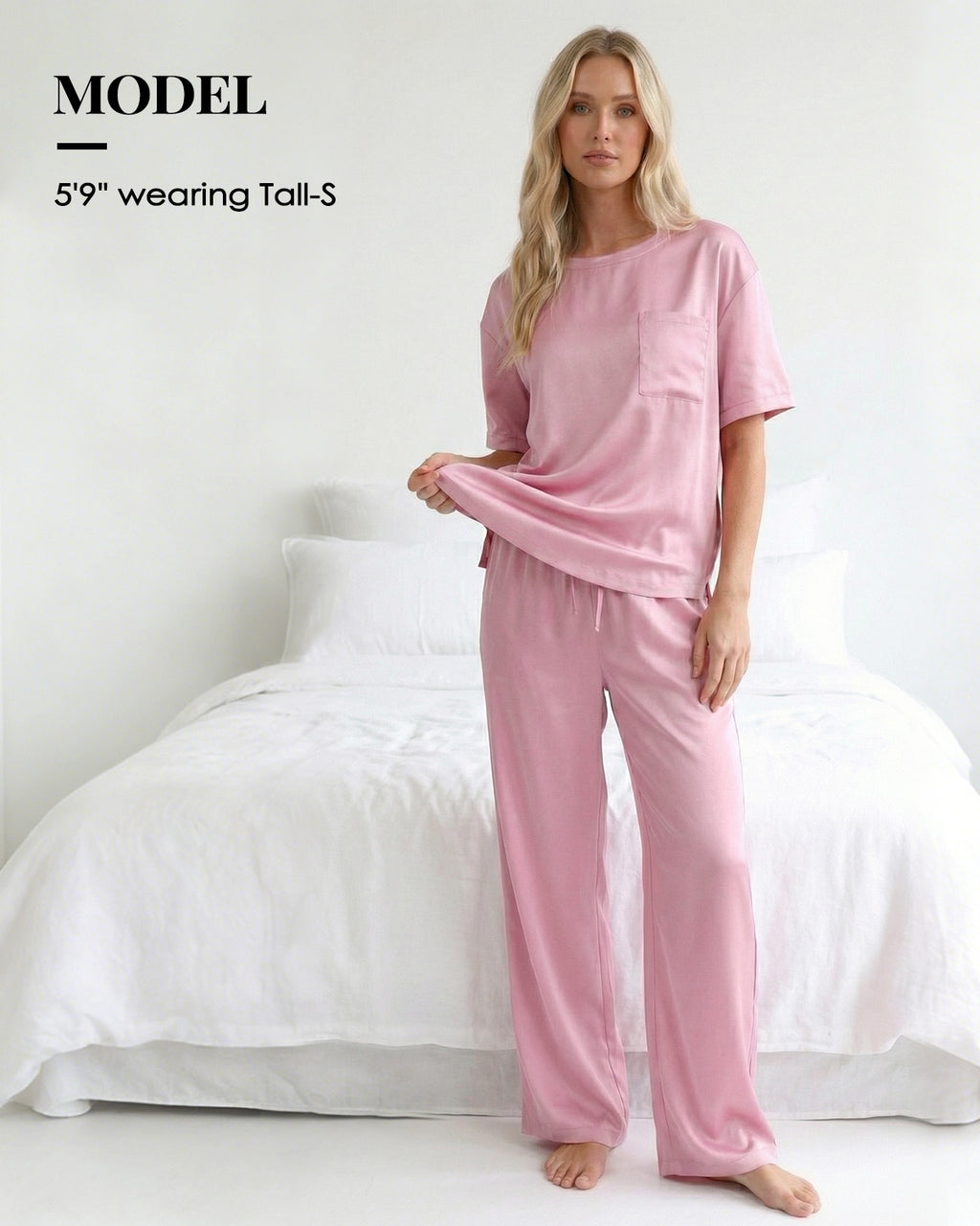 Tall Women's Satin Pajama Set with Short Sleeve Top & Long Pants