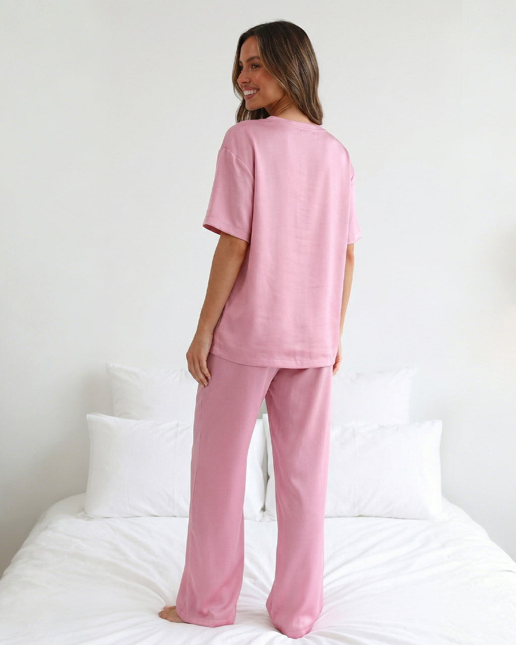 Tall Women's Satin Pajama Set with Short Sleeve Top & Long Pants