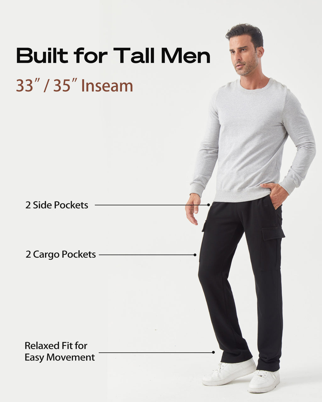 Tall Men's Cargo Sweatpants 33"/35" Inseam Straight Leg with Pockets