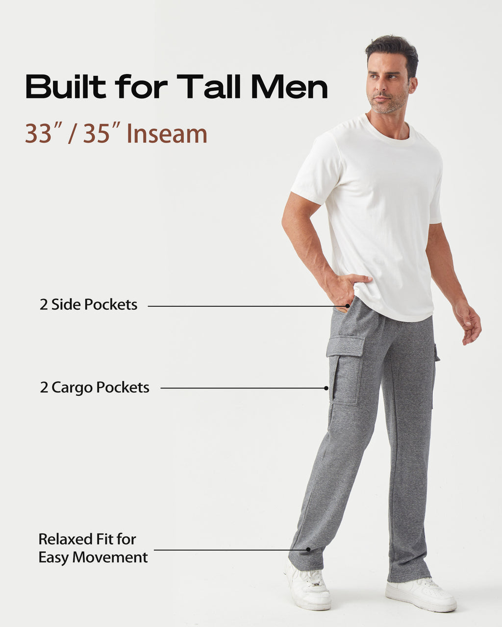 Tall Men's Cargo Sweatpants 33"/35" Inseam Straight Leg with Pockets