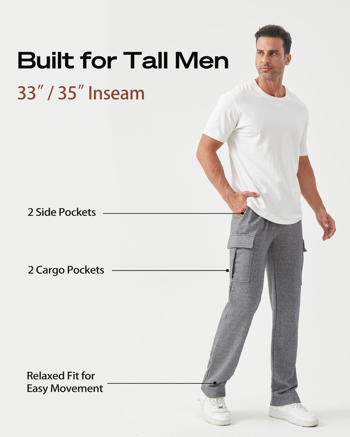 Tall Men's Cargo Sweatpants 33"/35" Inseam Straight Leg with Pockets